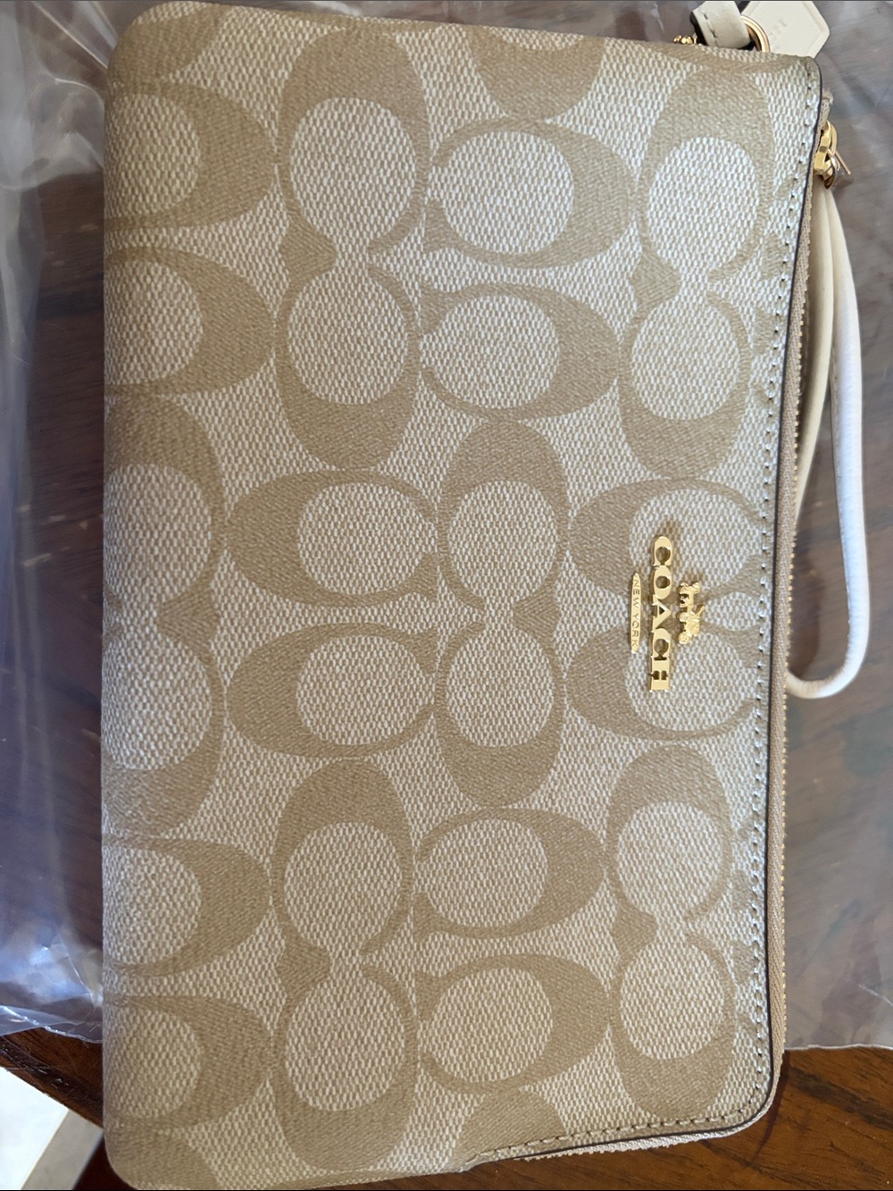 Coach Beige Signature Canvas Wristlet Clutch with Gold Hardware